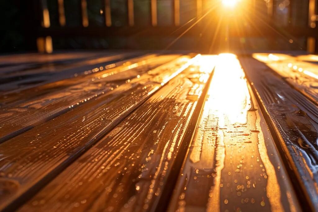 a beautifully stained wooden deck glistens under warm sunlight, showcasing rich, deep hues and a flawlessly smooth finish that promises lasting beauty.