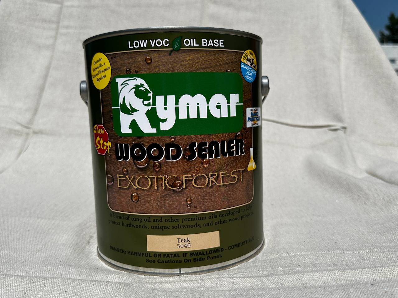 Gallon can of Rymar Exotic Forest tung-oil wood sealer in Teak